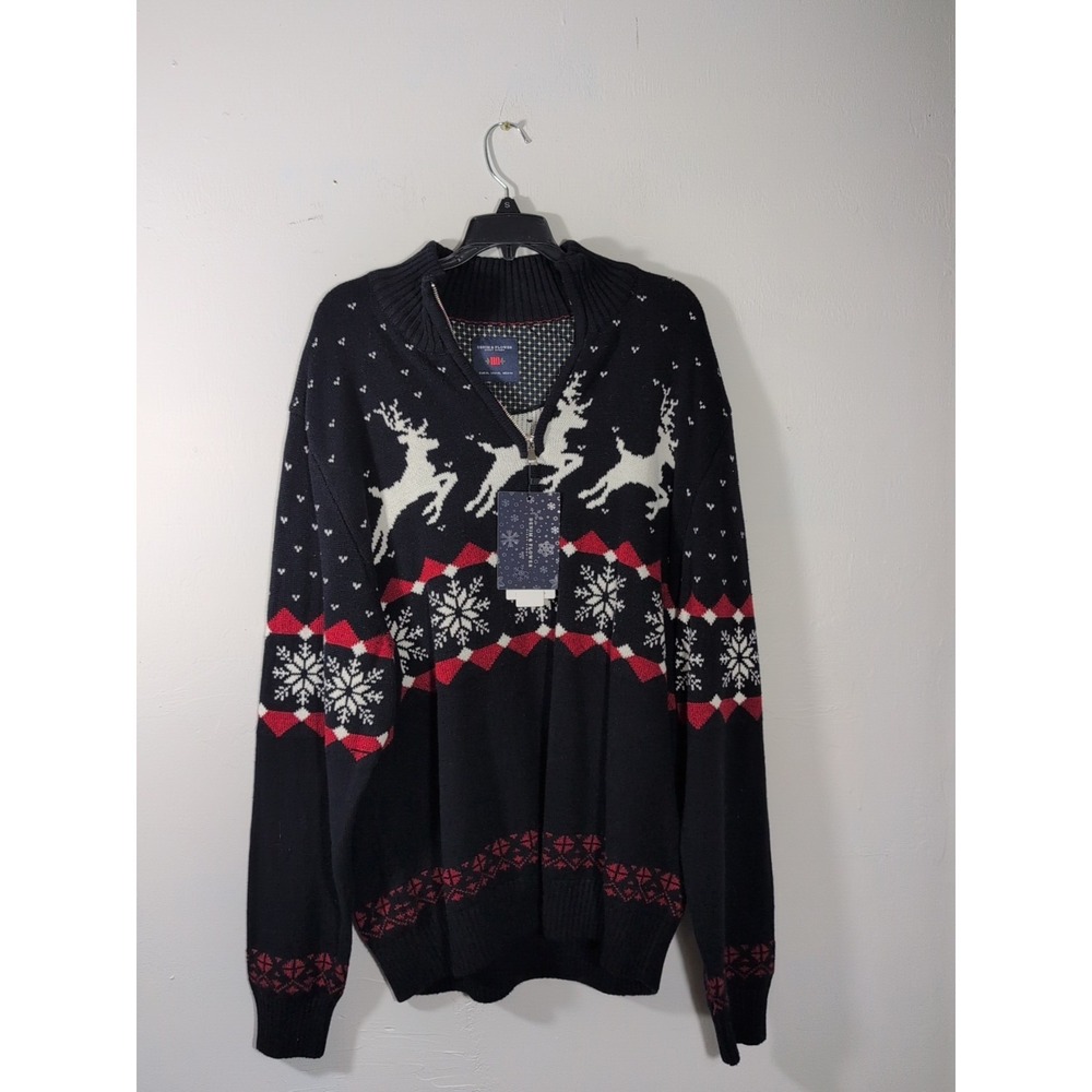 Denim &‎ Flowers Ricky Singh Christmas Sweater Mens XL Quarter Zip Reindeer